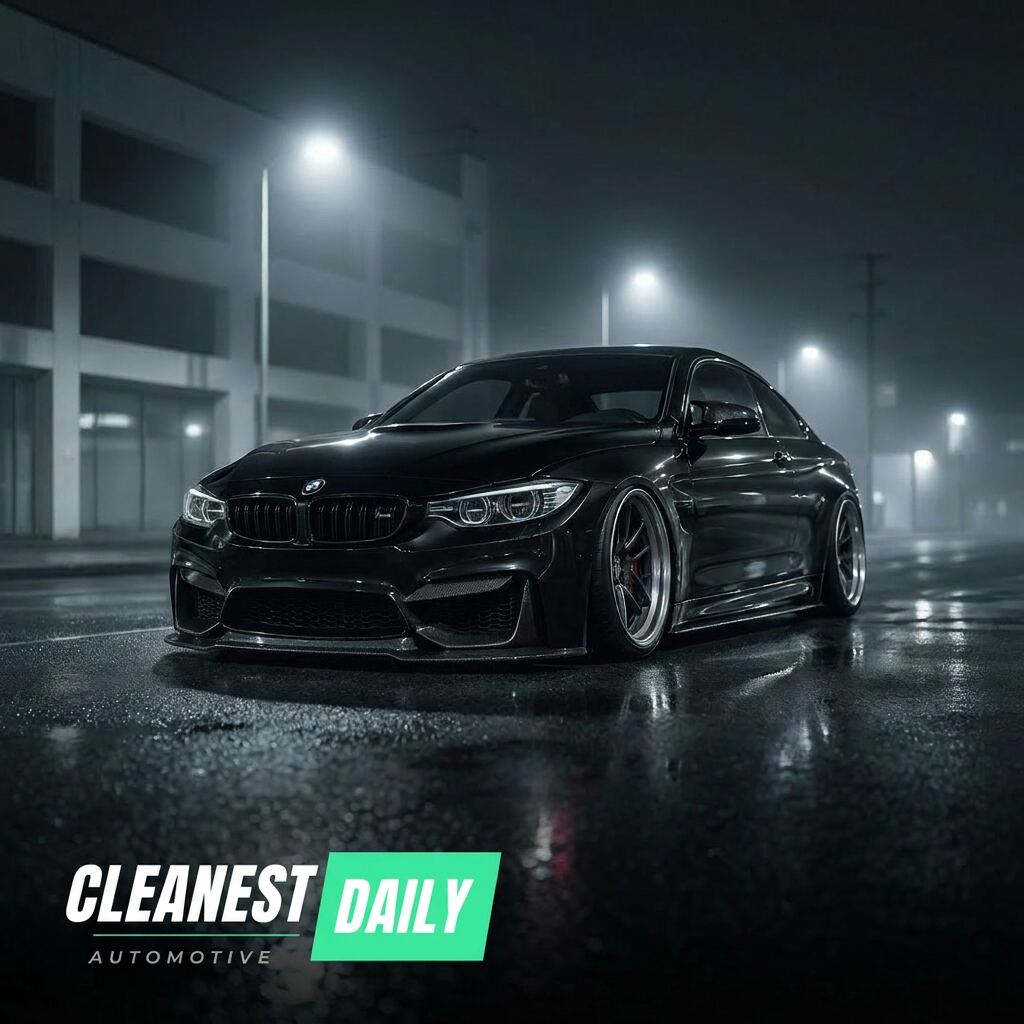 Blacked-out BMW M4 on a wet street at night